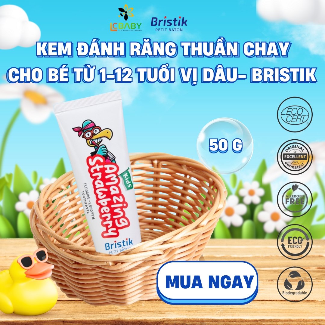 KEM ĐÁNH RĂNG THUẦN CHAY CHO BÉ TỪ 1-12 TUỔI VỊ DÂU- BRISTIK